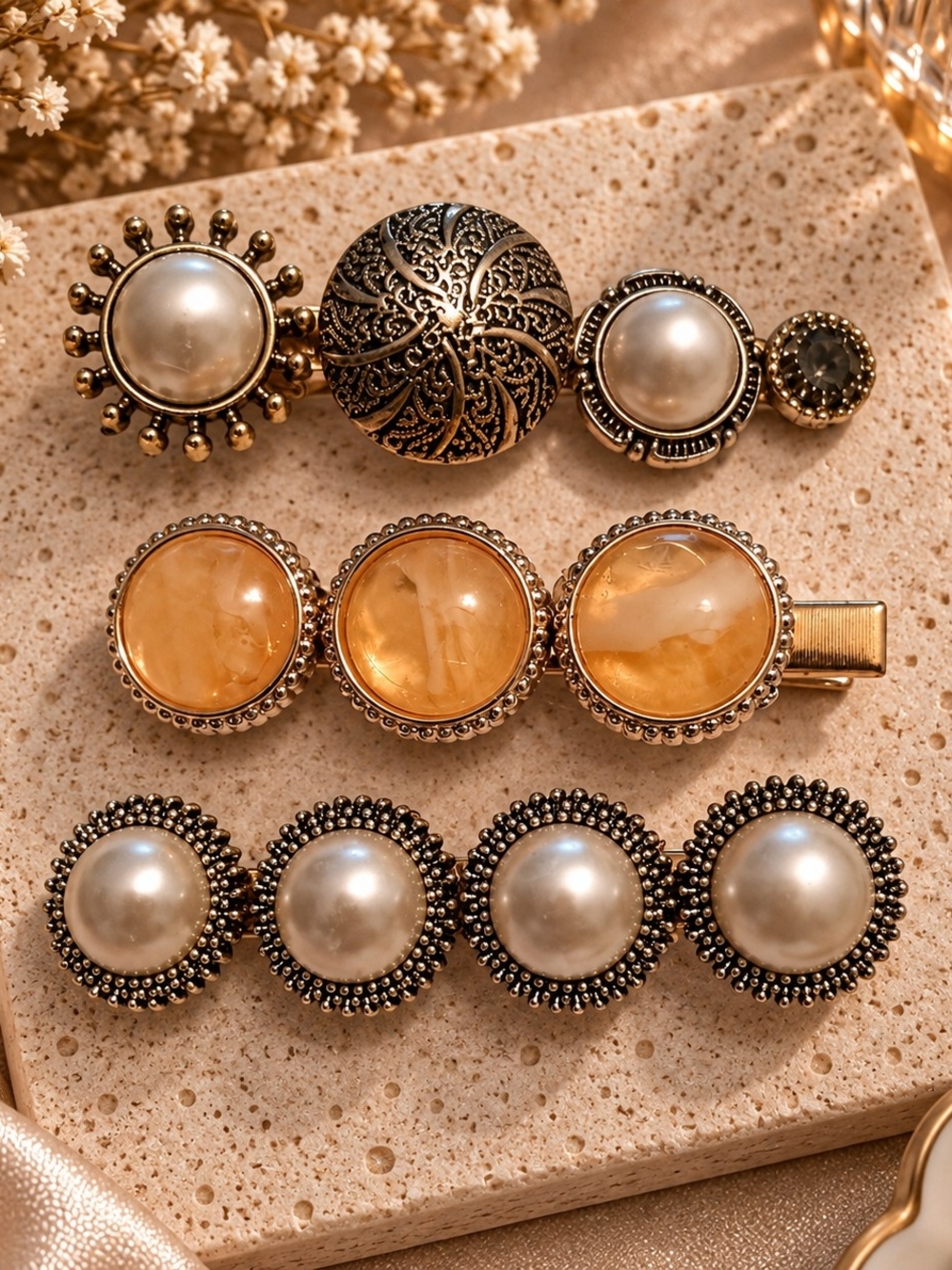 Pearl & Amber Gold-Tone Decorative Hair Clips - Set of 3